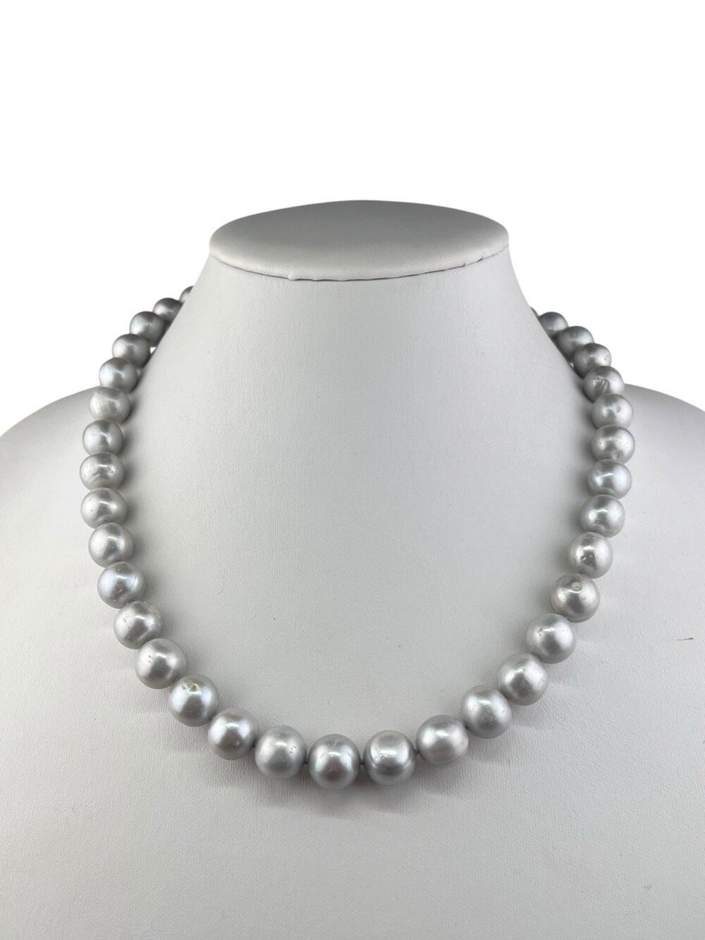 Real Gray Pearl Knotted Sterling Silver Clasp Necklace 11mm 20"